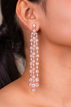 Rose gold-tone CZ cascading chandelier drop earring worn on ear, close-up – Duavaa