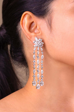 Silver-tone CZ chandelier earring with cascading clear strands worn on ear – Duavaa