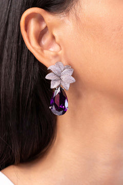 Amethyst purple teardrop drop earring with CZ floral stud worn on model's ear – Duavaa