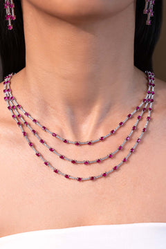 Ruby red oval-stone three-layer necklace with crystals worn on neck – Duavaa