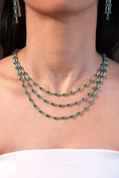Emerald green oval-stone three-layer necklace with crystals worn on neck – Duavaa