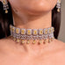 Yellow cushion-cut choker with pear drop fringe worn on model with matching earring – Duavaa