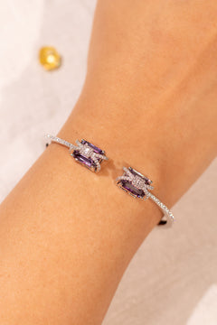 Purple baguette crystal open cuff bracelet worn on the wrist – Duavaa