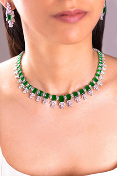 Green emerald-cut necklace with CZ teardrops worn on neck, matching earrings – Duavaa